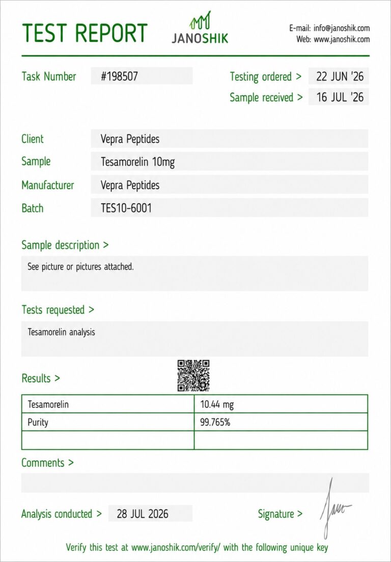 Certificate of analysis for Tesamorelin 10mg