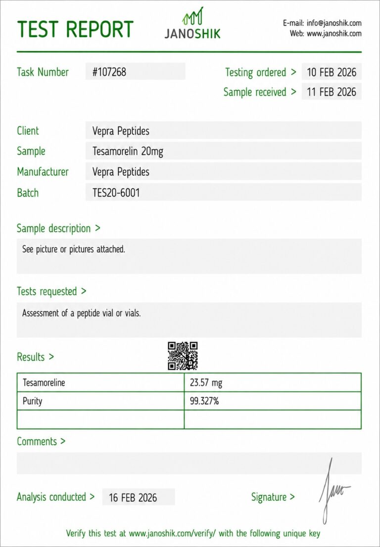 Certificate of analysis for Tesamorelin 20mg